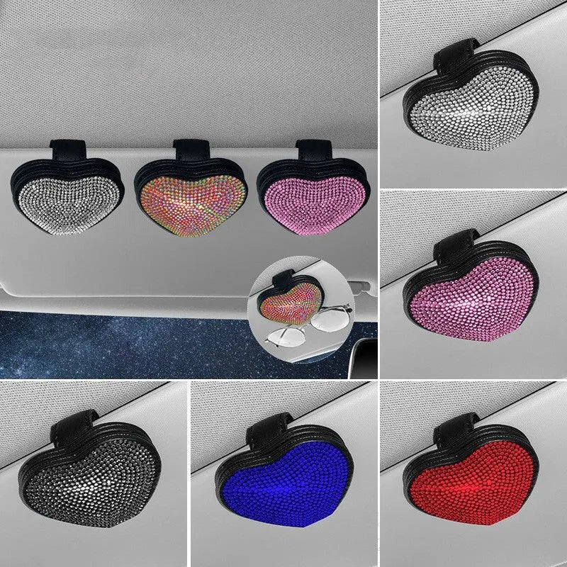 A black PU leather magnetic storage clip with a diamond pattern on a car sun visor, holding a pair of sunglasses.