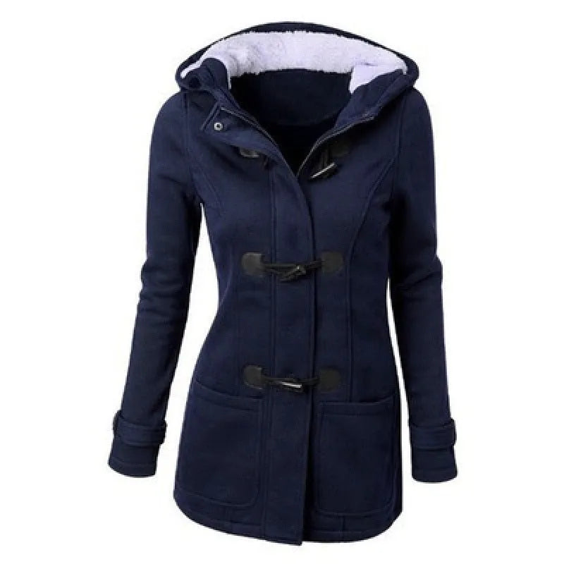 Women's hooded jacket in solid colour, slim fit polyester coat with zip front, available in multiple colours and sizes up to 6XL