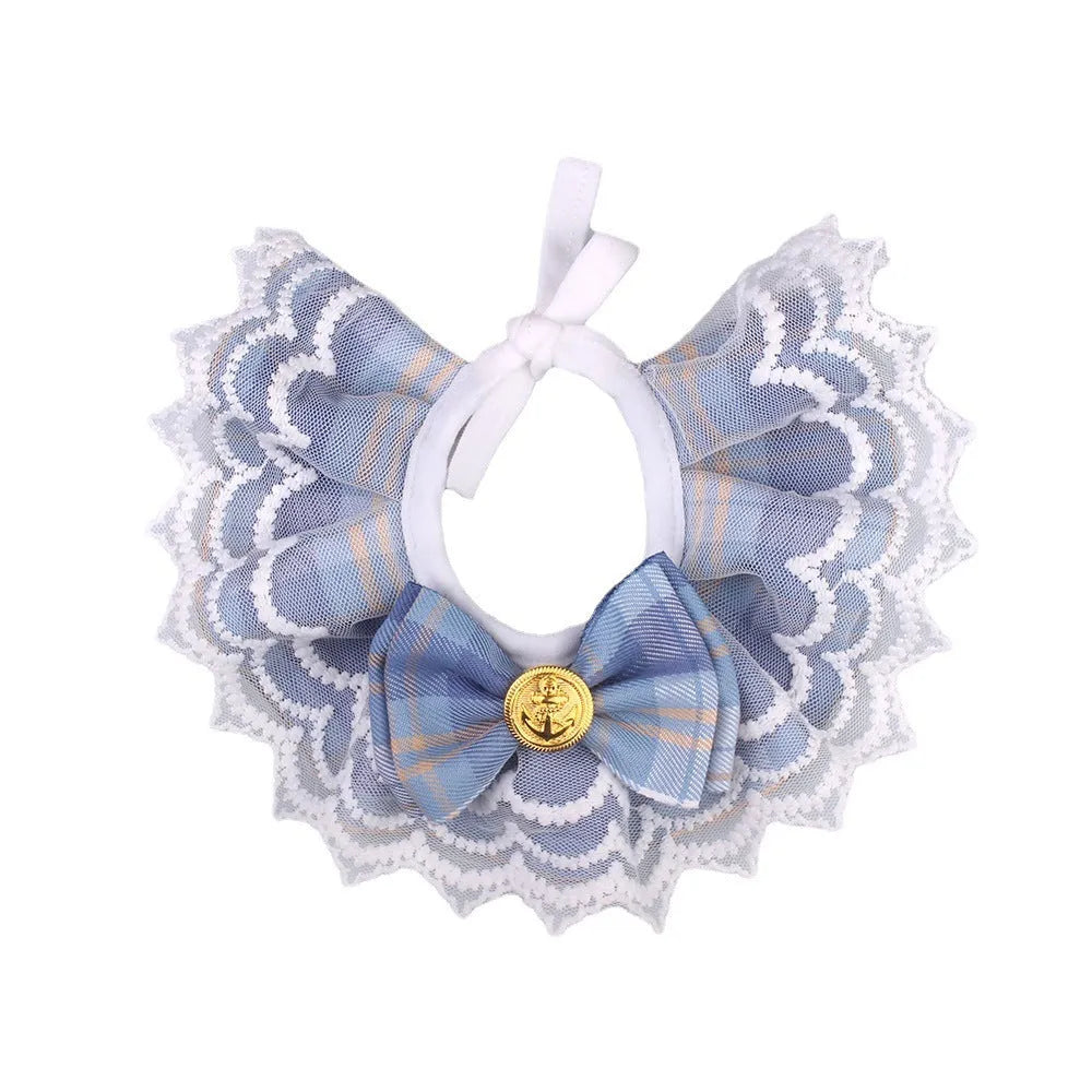 Plaid polyester pet bib with big bow and lace edge in pink, blue, green, red – adjustable collar sizes XS-XL