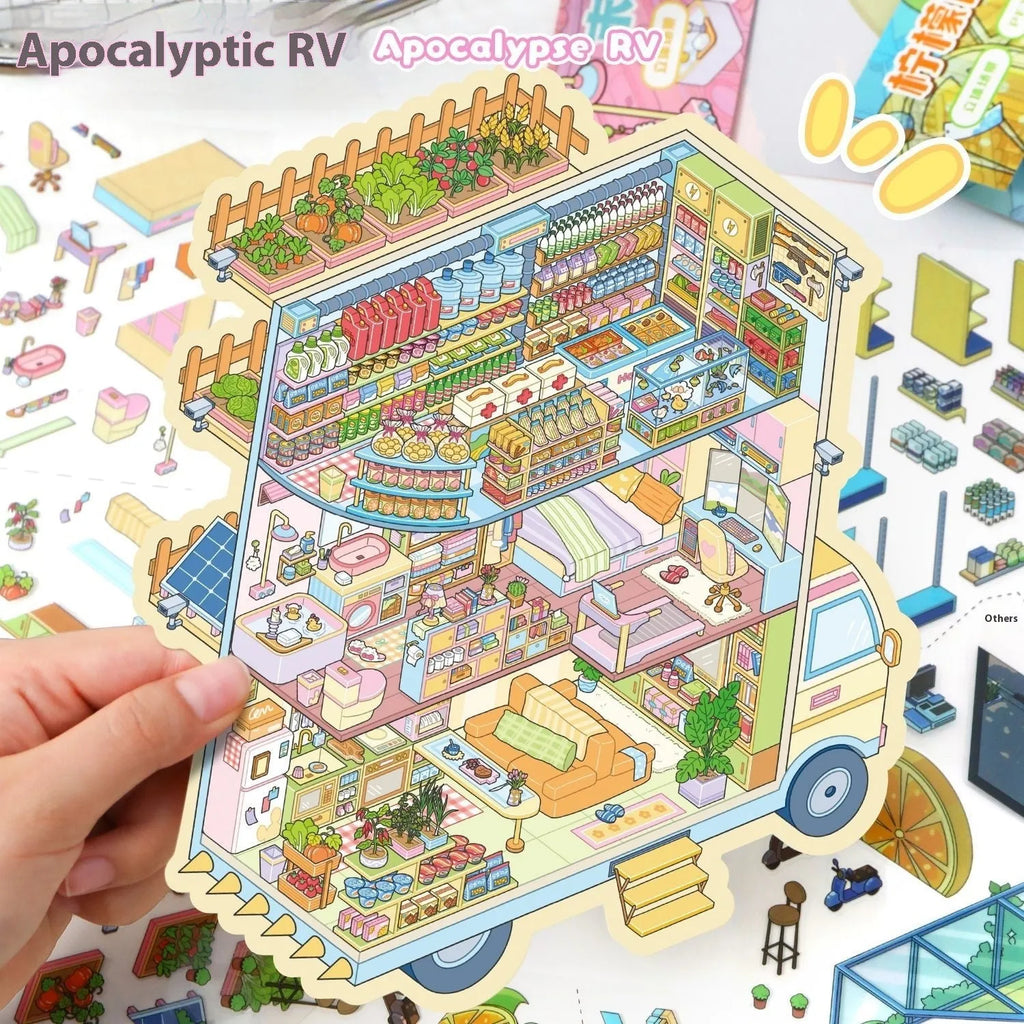 3D miniature landscape PET stickers with scene card and effect card in cartoon style