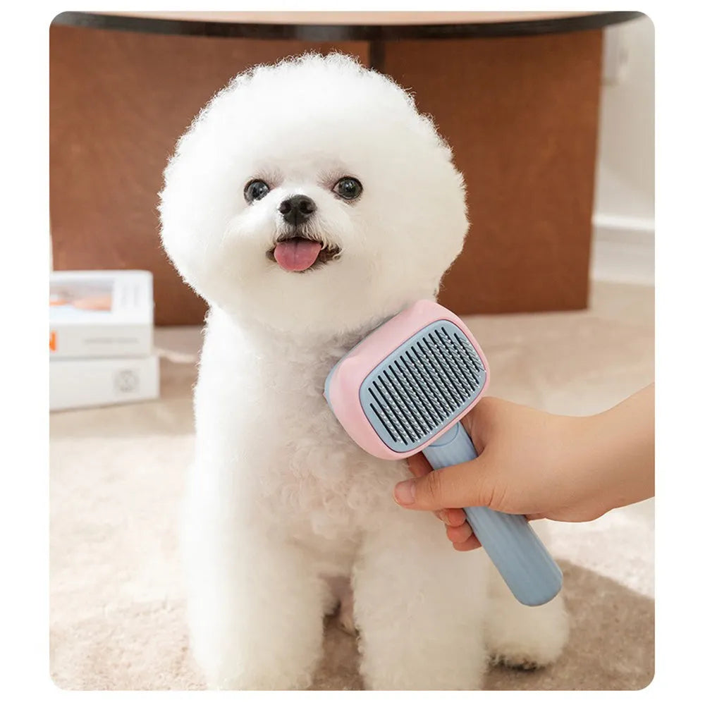 Blue double-sided pet grooming brush with deshedding rake and dematting comb on a 195mm handle.