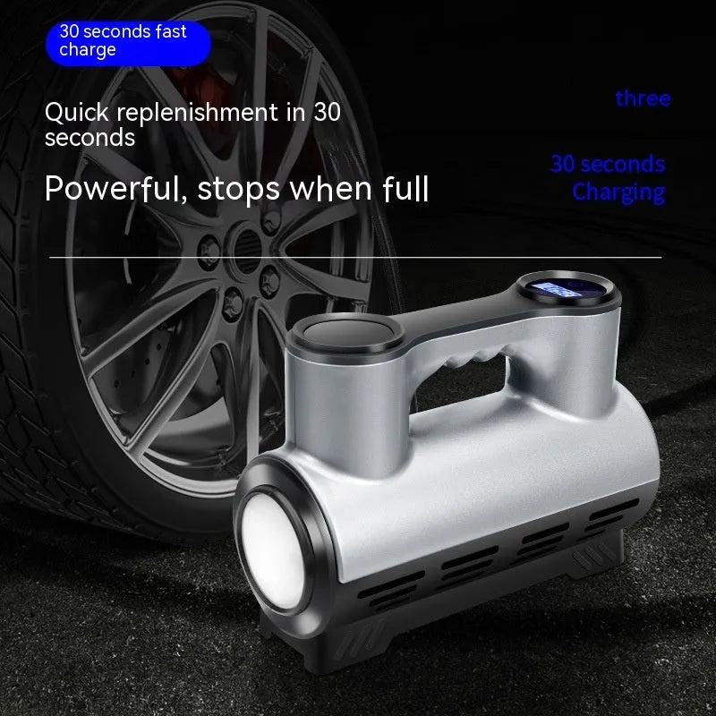 Compact black 12V portable car air pump with digital display and attached air hose.
