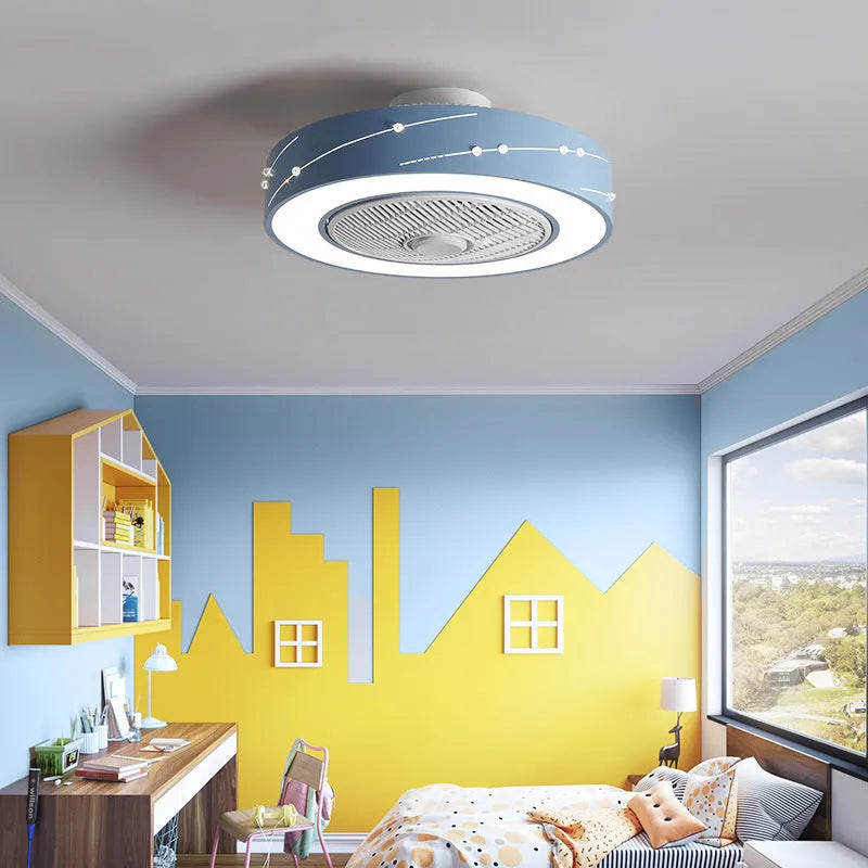 Round integrated LED ceiling fan lamp with remote control, 50cm, in white finish with acrylic shade and wrought iron body