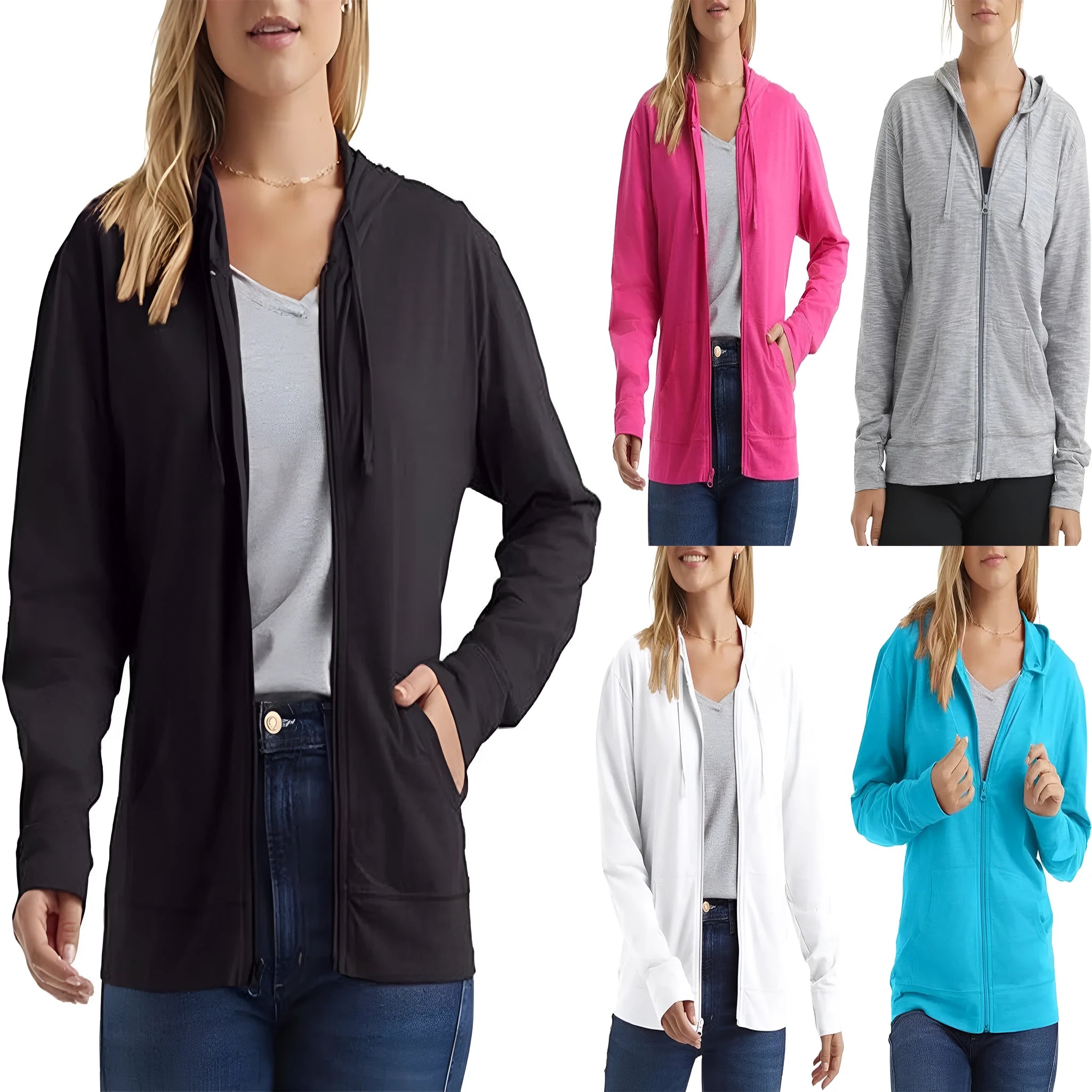 Polyester sports hoodie pullover in loose fit with long sleeves, shown in solid colour options.