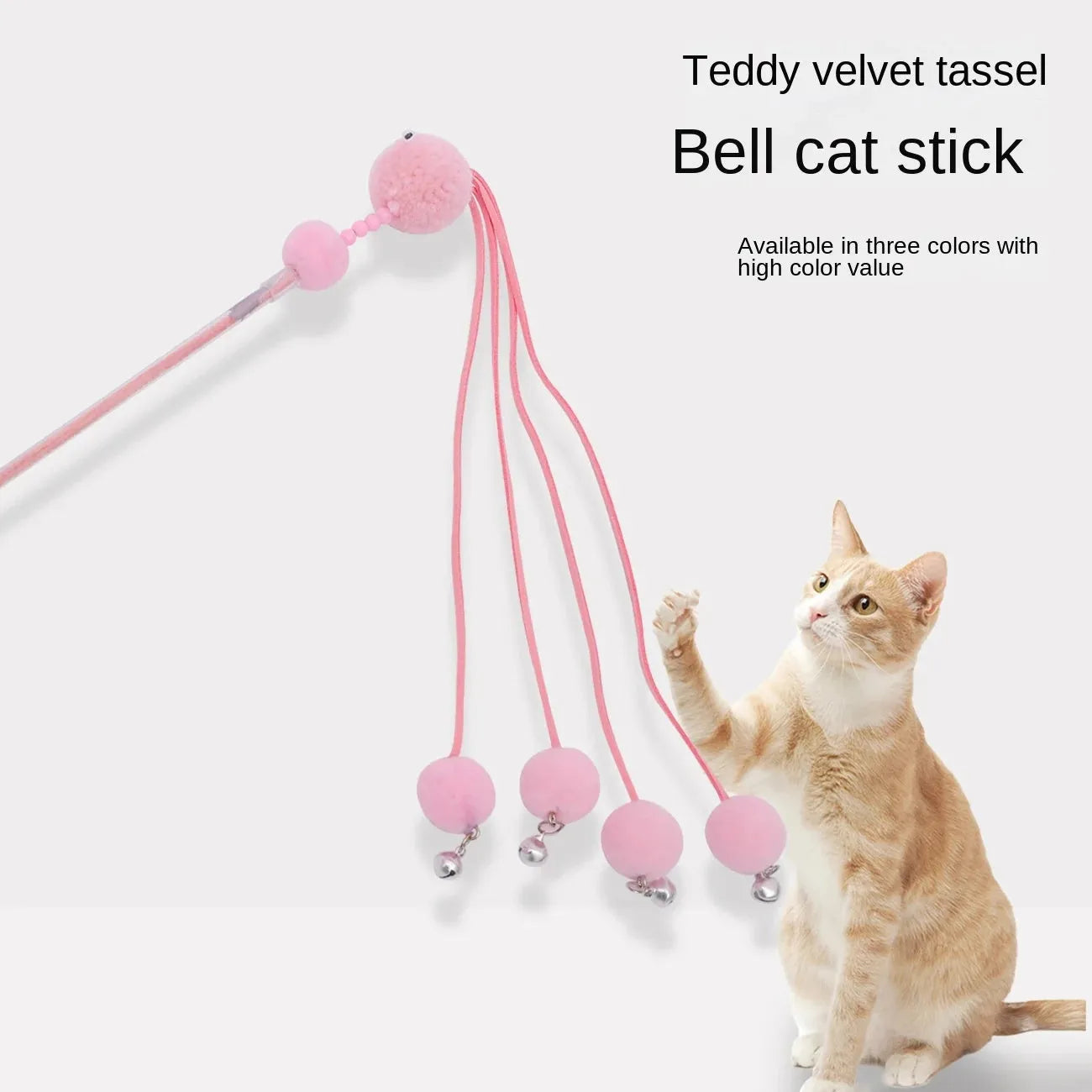 Blue cat toy wand with a fluffy tassel on a stick for interactive pet play.