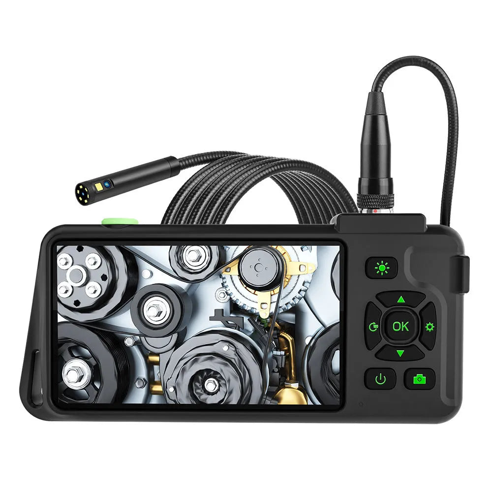 Handheld industrial endoscope with 4.5-inch colour screen and attached 5.5mm inspection camera on a cable.