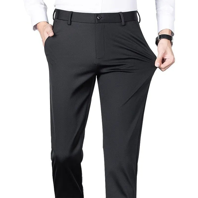 Men's black slim straight formal pants in polyester fibre with micro-elastic fit, size options 29-42