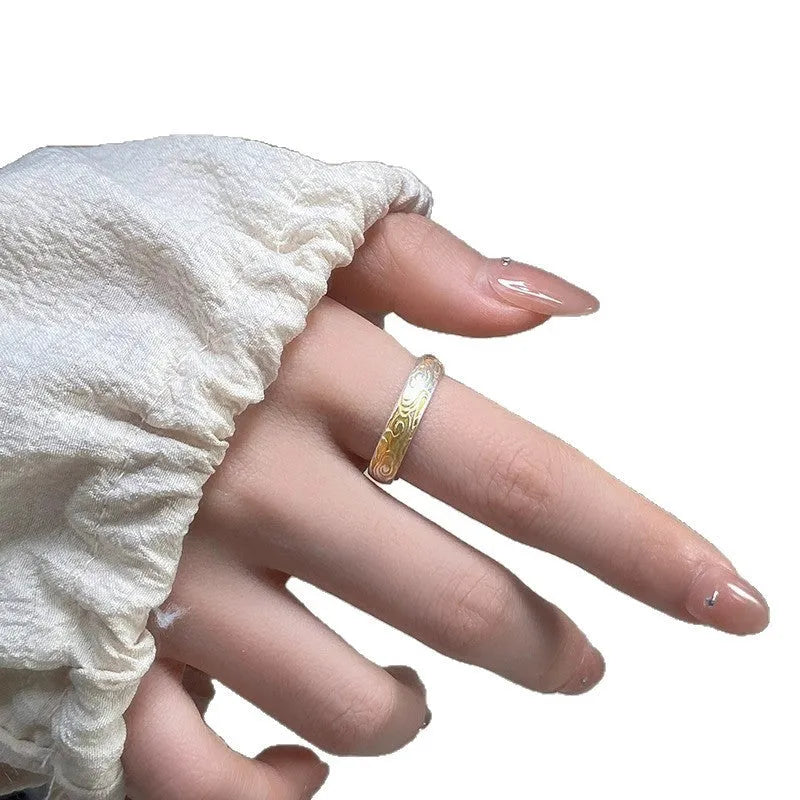 Adjustable open mouth geometric ring with Xiangyun pattern and silver-gold electroplated finish