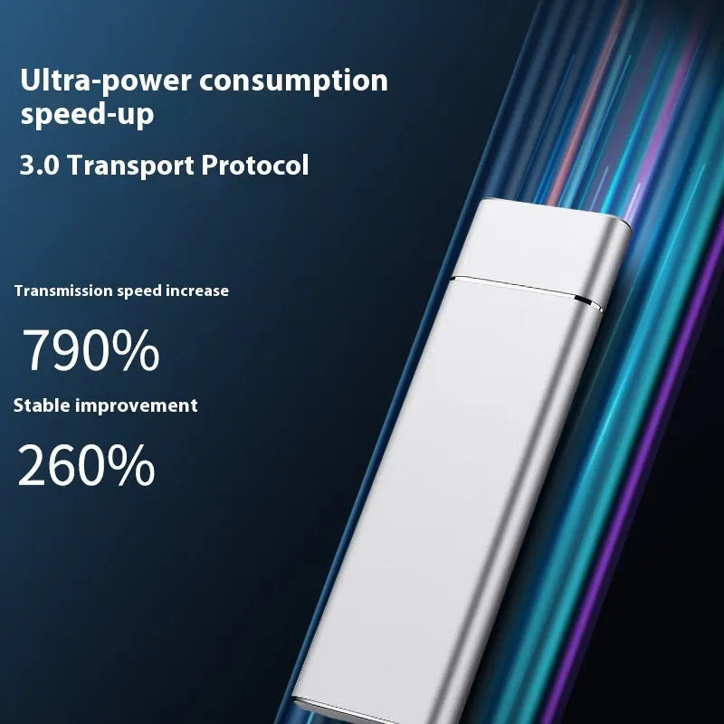 Sapphire blue portable solid state hard drive with metal casing showing compact dimensions