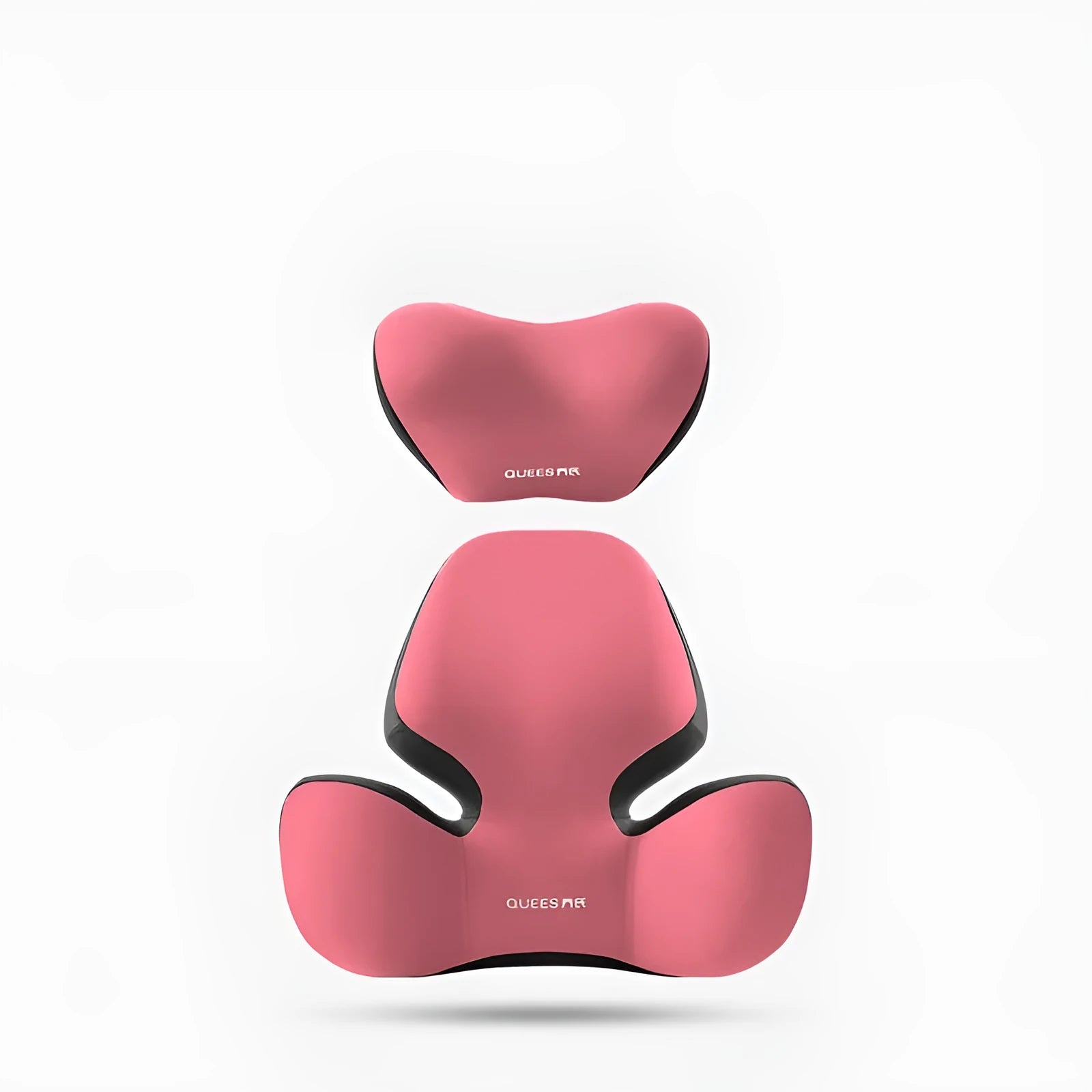 Black and grey memory foam car seat lumbar support pillow and headrest on a car seat.