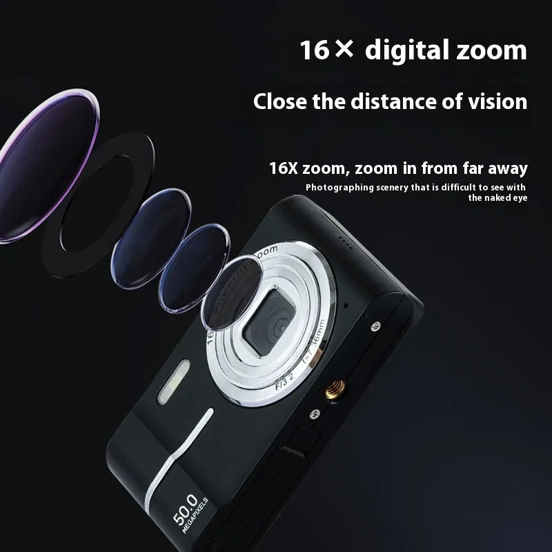 Compact 4K HD digital camera in black, green, pink, or white colours with lanyard