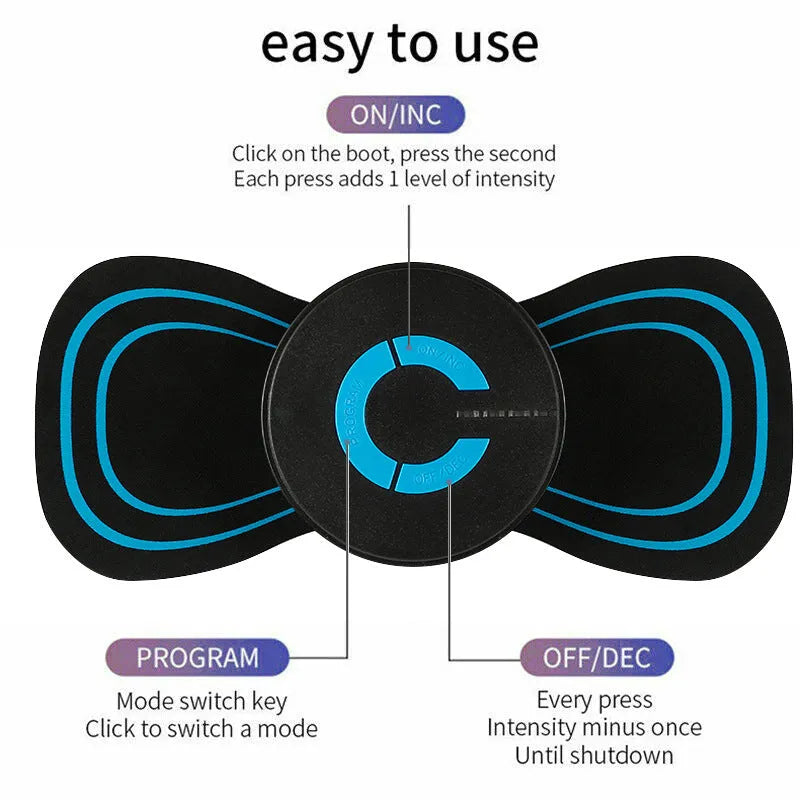 Black mini electric shoulder and neck massager with massage patch next to its 15cm long packaging.