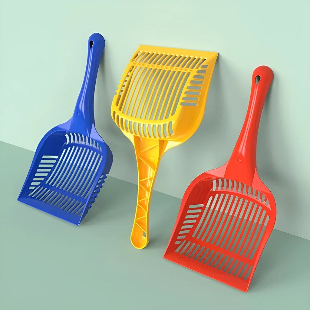 Red, yellow, and blue plastic cat litter scoops in small and medium sizes for pet waste cleaning.