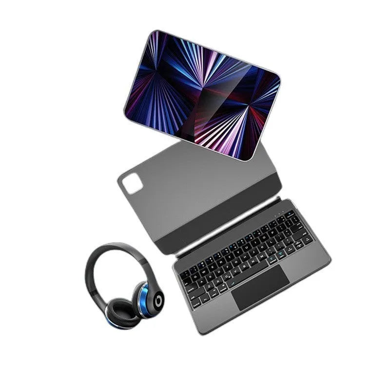 Bluetooth wireless keyboard with magnetic protective cover for iPad Pro and iPad Air tablets in various colours.