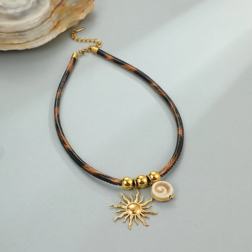 Geometric leopard leather pendant on stainless steel necklace with adjustable 41-50cm chain