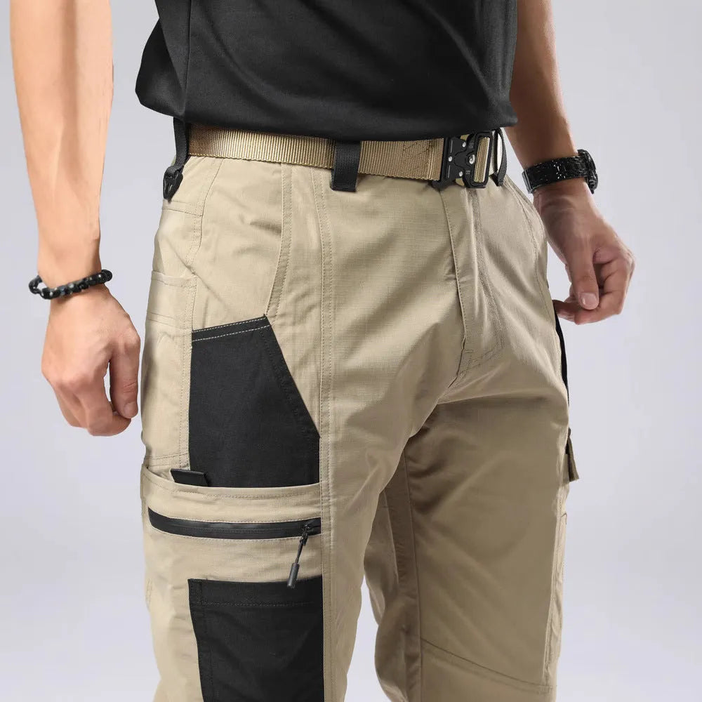 Men's outdoor cotton overalls in khaki with drawstring waist and loose fit, windproof and waterproof