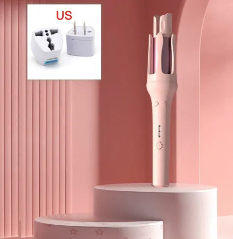 White and pink automatic hair curler with 32mm rotating barrel on a table