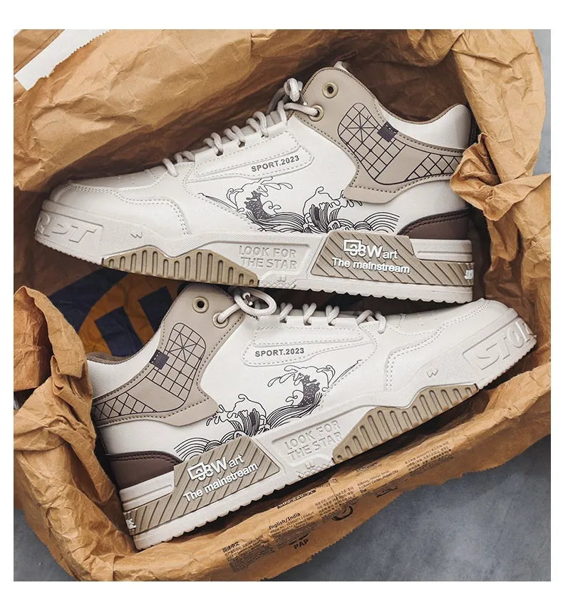 Men's casual high-top board shoes with rubber sole, broad fit, front lace-up, available in beige, white, and blue sizes 39-44.