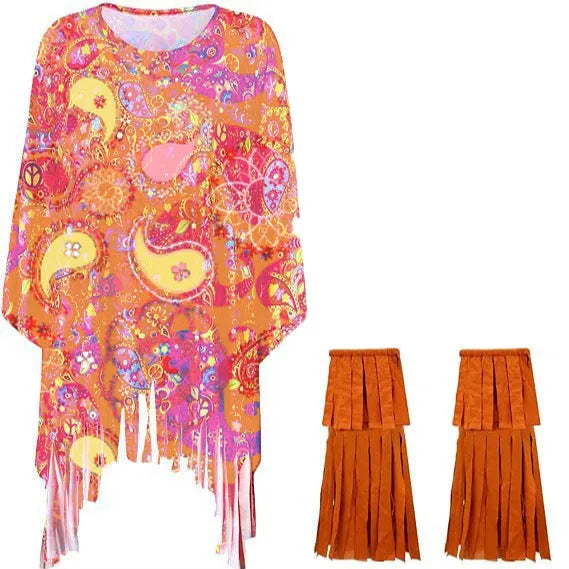 Tie dye pattern cloak costume with wide bell sleeves and irregular hemline, shown in rainbow colours.