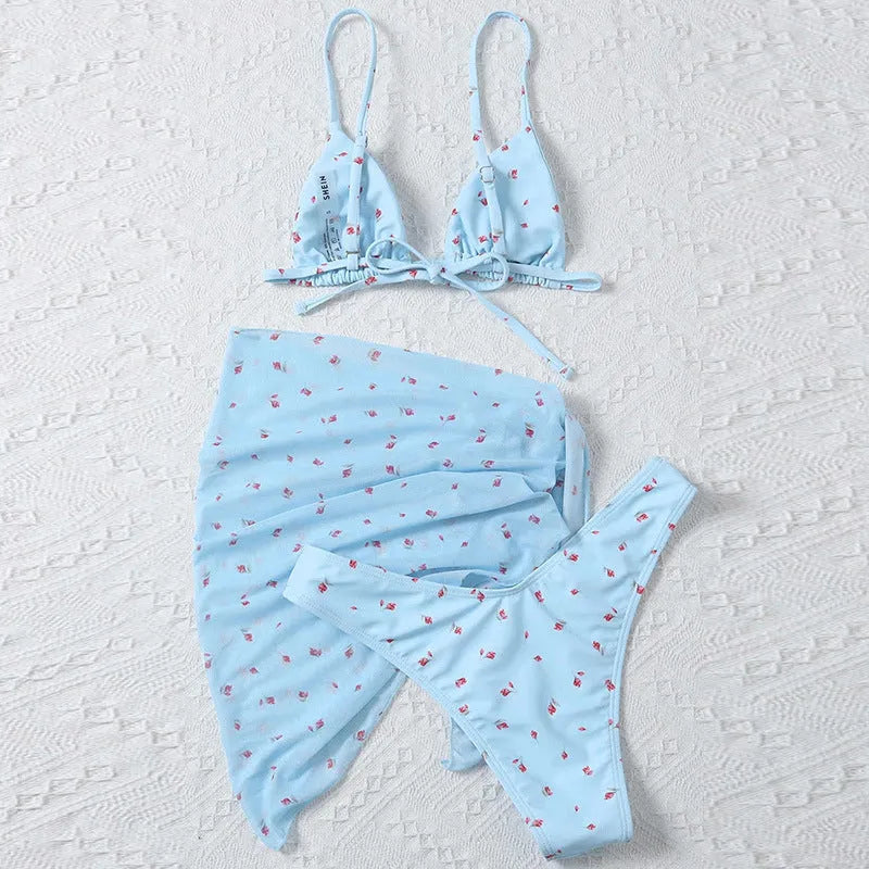 Women's beach style printed swimsuit three piece set in blue with polyester fabric, sizes S to XL