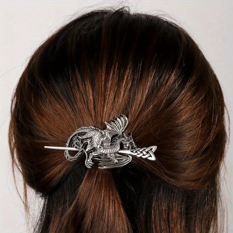 Retro Viking dragon U-shaped alloy hairpin in silver finish on a neutral background