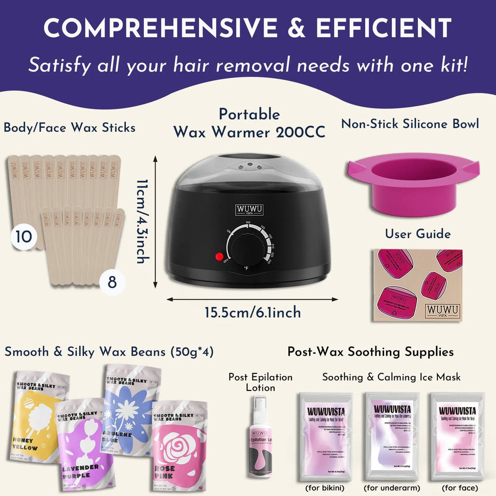 Gold-standard hard wax kit with black warmer, pink wax beads, applicator sticks, and aftercare bottles.