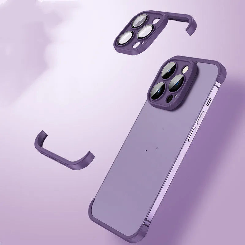 Corner pad TPU iPhone case with glass lens film in dark purple, black, red, and blue colour options