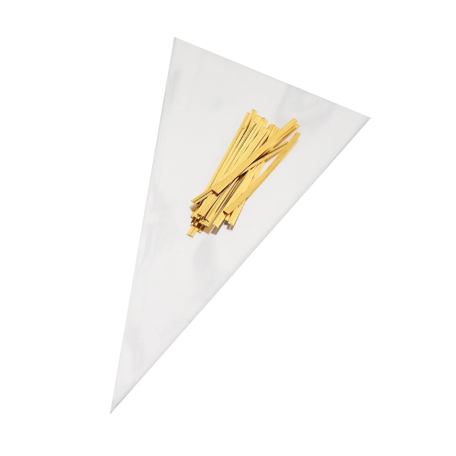 Clear triangular OPP plastic packaging bag showing the integrated tie wire closure at the top.