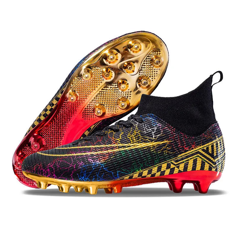 High-top football training shoes with gold-plated sole, synthetic leather upper in white, black or mandarin duck colours