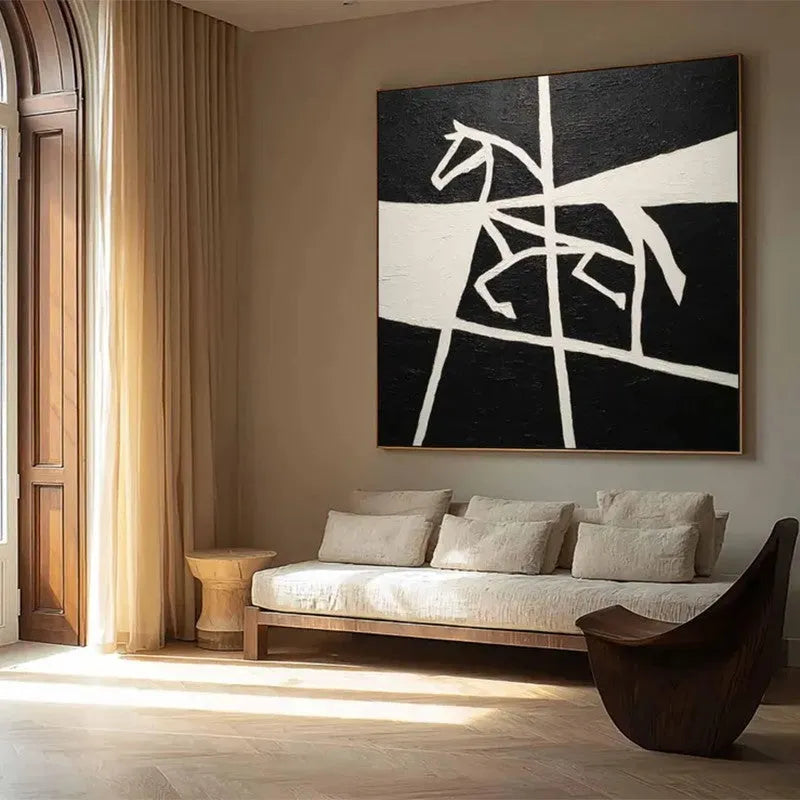 Handmade black and white horse oil painting on canvas, square frameless rolled wall art for home decor