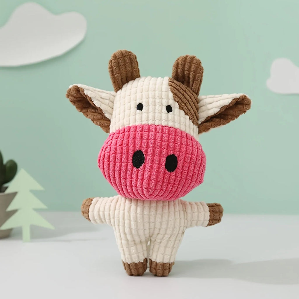 Animal-shaped plush dog chew toy with squeaker in multiple colour options
