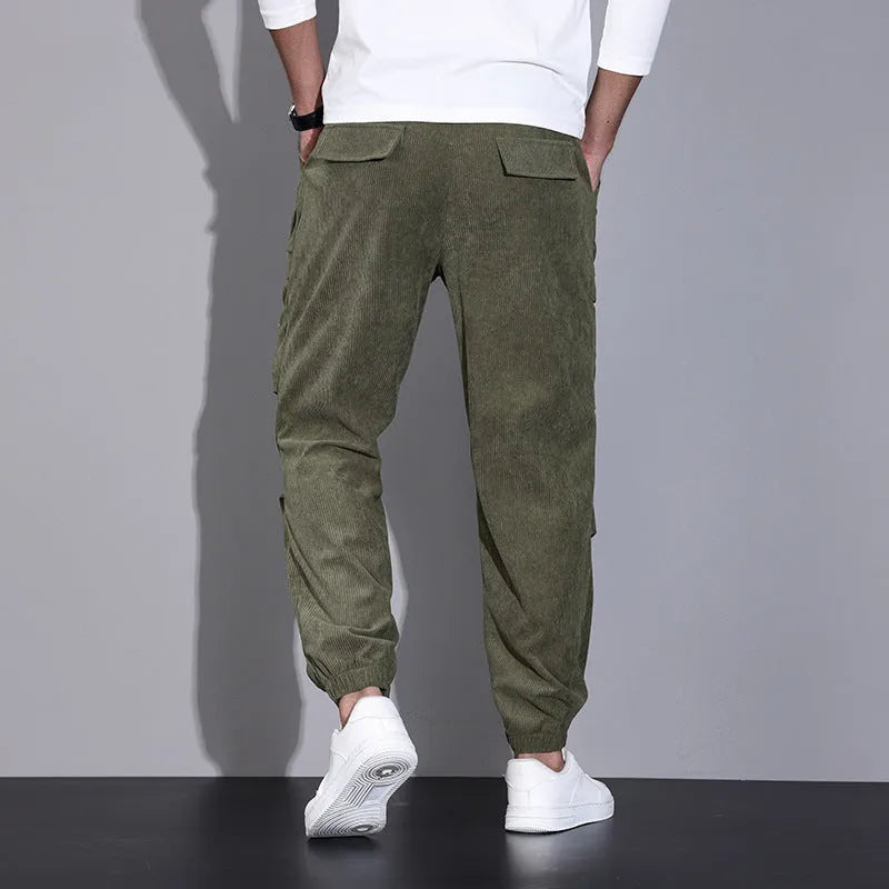 Men's corduroy overalls ankle-tied loose casual trousers multi-pocket solid colour available in black red army green brown grey