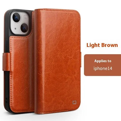 Genuine leather magnetic flip cover for iPhone 14 with card slot and kickstand in black colour