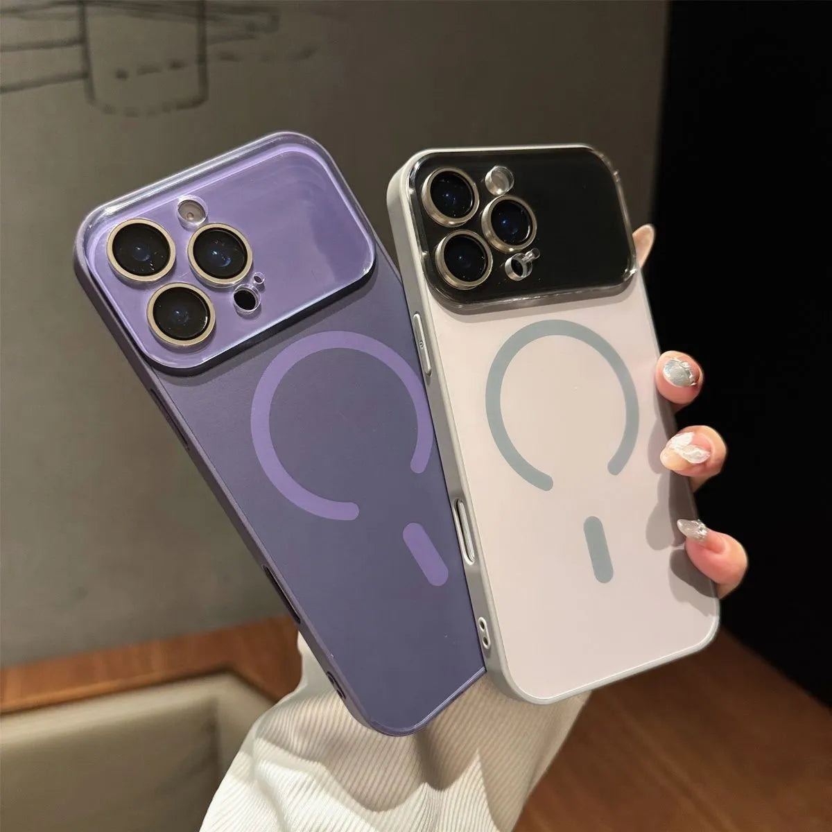 Large window frosted magnetic PC phone case for iPhone, shockproof, anti-fingerprint, black finish