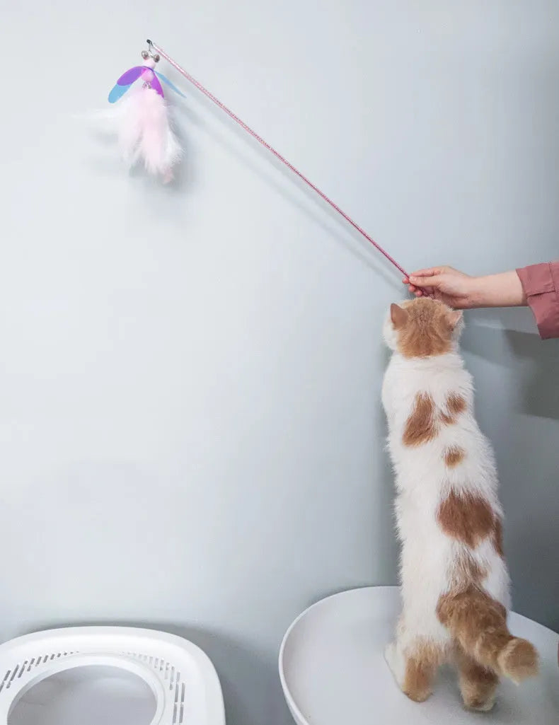 Fairy Feather retractable cat toy with large fluffy feather head and PVC pole, on a white background
