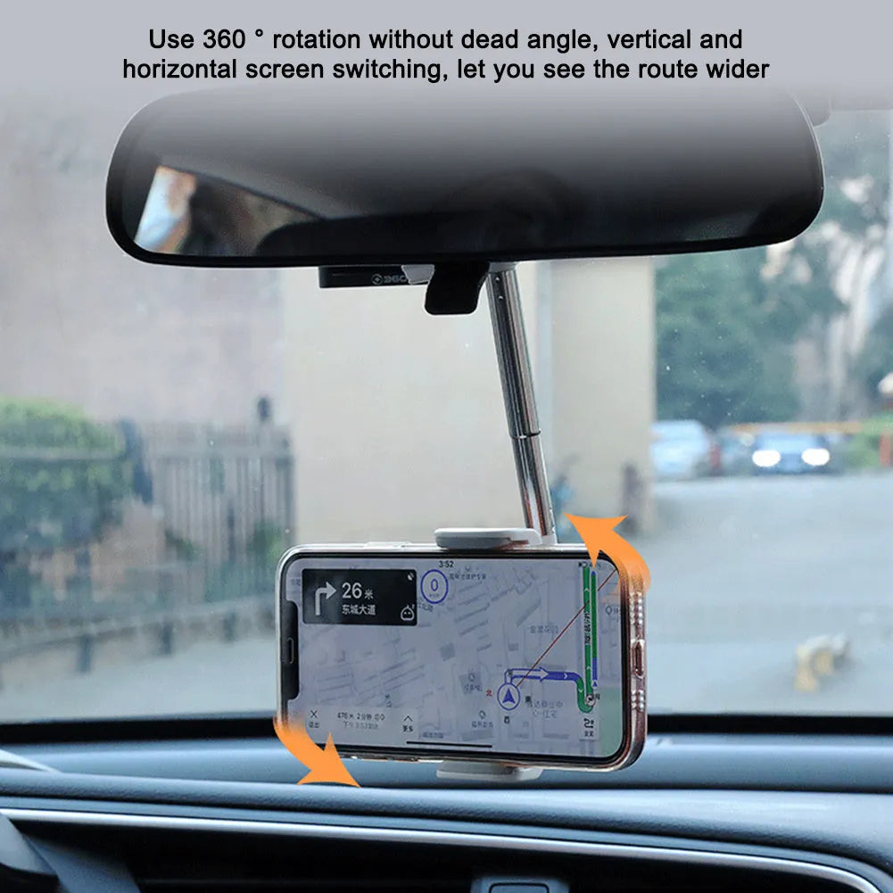 Black car windscreen phone holder with 360-degree rotating head on a suction cup mount.
