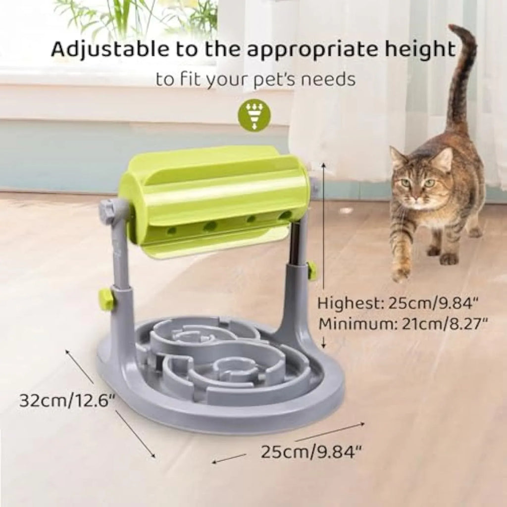 Blue adjustable height interactive slow feeder bowl for pets with raised pattern food tray