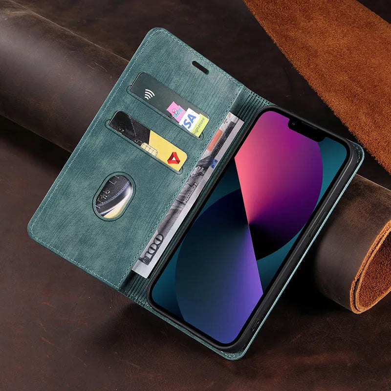 Magnetic leather flip phone case for iPhone shown closed, displaying the solid colour and front cover.