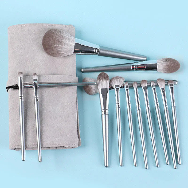 14 piece wooden handle makeup brush set with artificial fibre bristles and PU brush bag