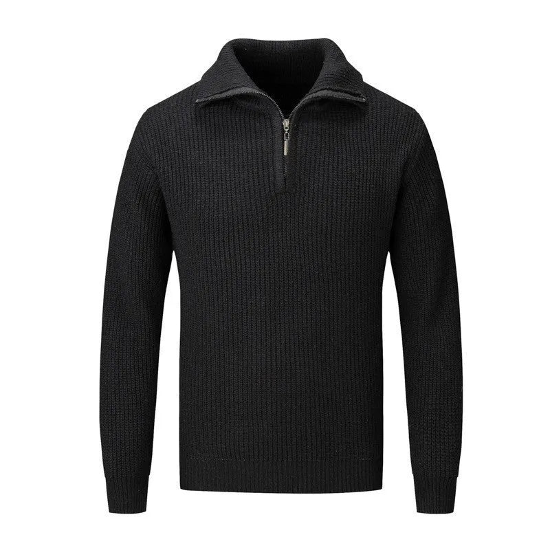Men's solid colour slim fit pullover sweater on a hanger, shown in camel colour.
