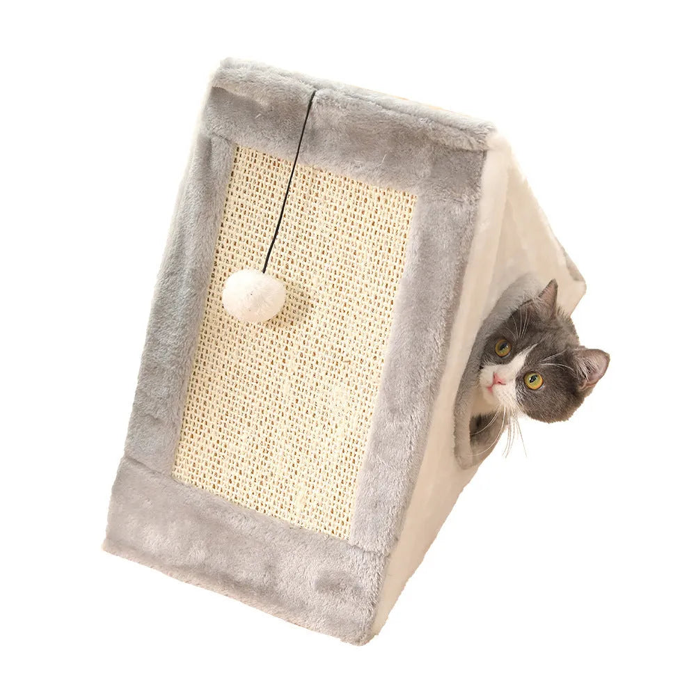 Triangular grey and white cat scratching post toy with integrated fur bed for indoor cats