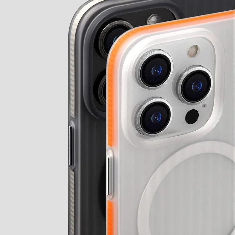 iPhone 15 Pro Max magnetic phone case in black with frosted PC hard shell and striped sand design