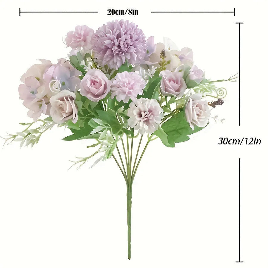 Artificial silk and plastic hydrangea flower combination in blue, white, and pink, with green plastic leaves, shown as a set of four stems