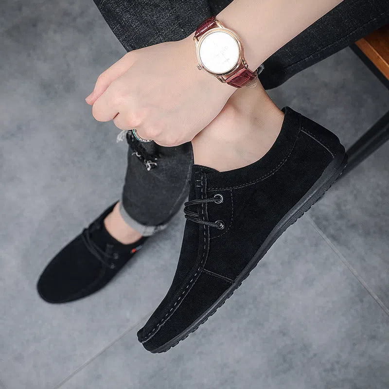 Men's brown casual slip-on loafers with suede finish, round toe, low heel, non-slip plastic sole