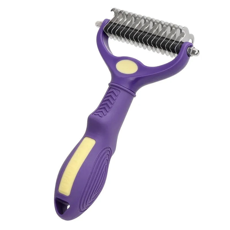 Purple plastic double-sided pet comb for detangling dog and cat fur.