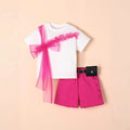 Girls rose red short-sleeved T-shirt, denim shorts and belt set for heights 4Y to 7Y