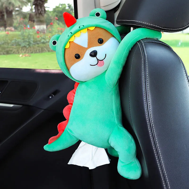 Plush car seat back tissue box holder with cute animal design mounted on car headrest