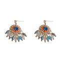 Women's round crystal tassel earrings with embedded diamonds in blue and purple geometric designs