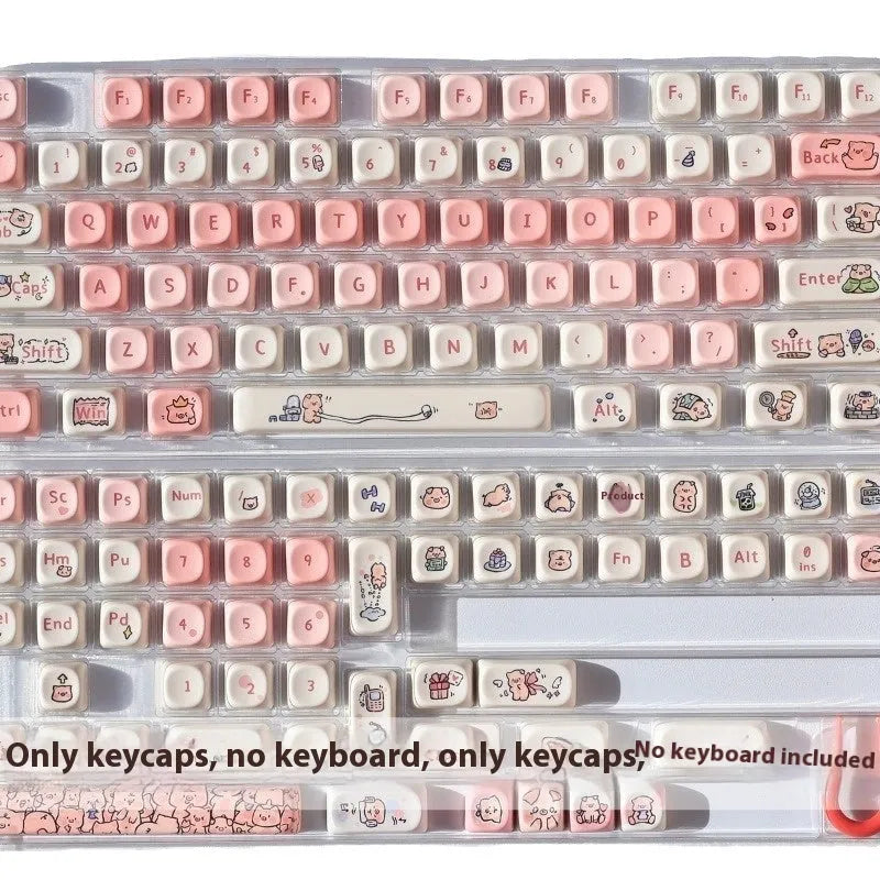 Pink fragrant pig design PBT plastic keycap for mechanical keyboards shown with keycap puller.