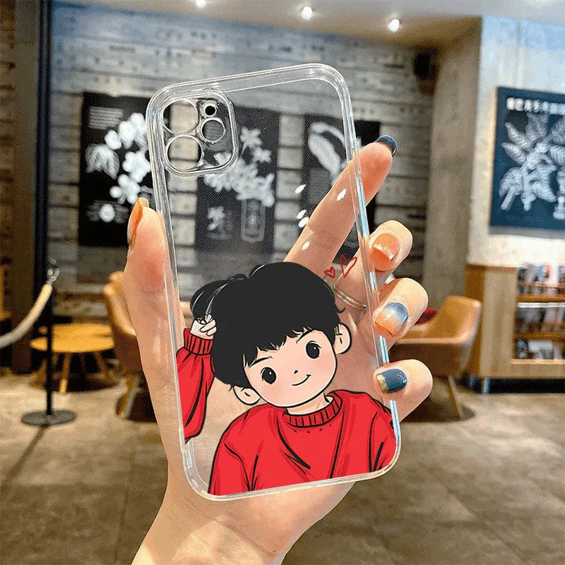 Cute couple cartoon transparent silicone phone case for Apple iPhone with anti-fingerprint coating